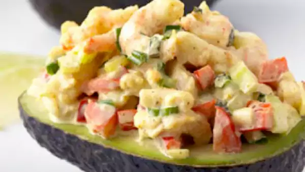 Curry Shrimp Salad Served In Avocado Halves Recipe