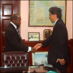 PM Douglas Greets Ambassador Tezuka